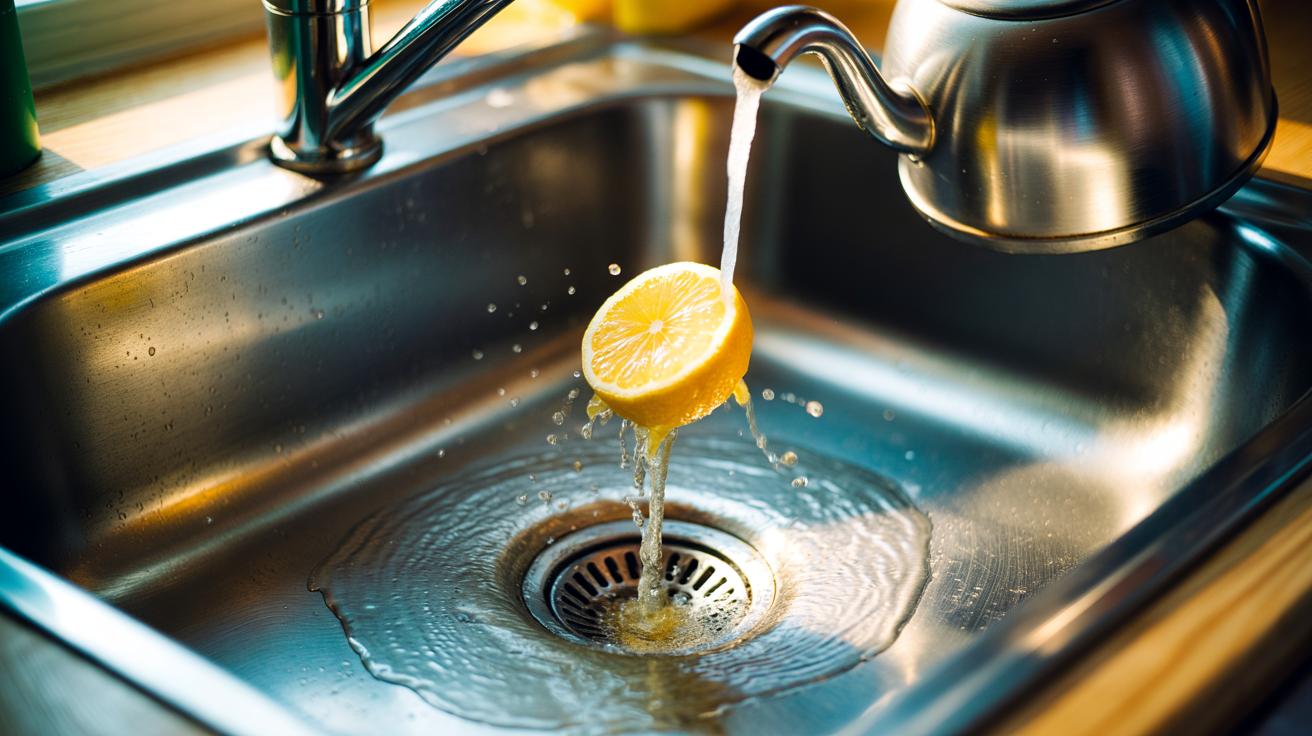Illustration of a lemon wedge being squeezed on a kitchen sink drain with a kettle flush, demonstrating citric acid dissolving grease and grime