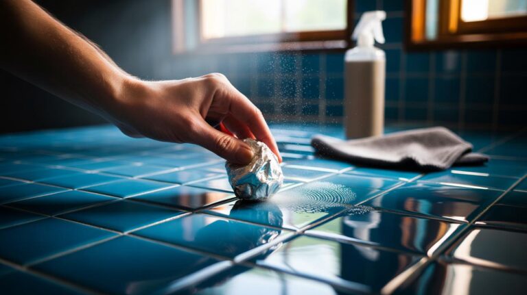 Illustration of a hand using crumpled aluminium foil to lightly buff glazed ceramic tiles to a high shine