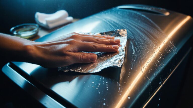 Illustration of a hand using crumpled aluminium foil with water to gently polish stainless steel by rubbing along the grain and removing light blemishes