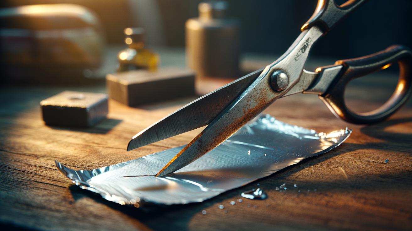 Illustration of a pair of rusted scissors being sharpened by cutting through folded aluminium foil
