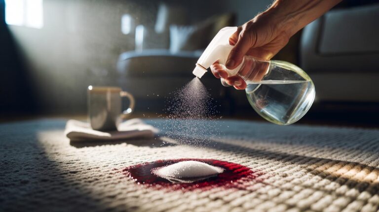 Illustration of a hand sprinkling bicarbonate of soda on a carpet stain while a vinegar spray creates fizz for rapid lift