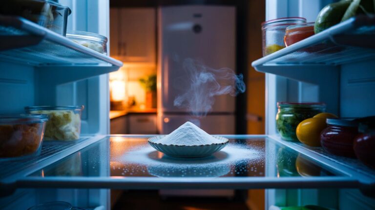 Illustration of a shallow dish of baking soda placed on a middle refrigerator shelf to absorb odours overnight