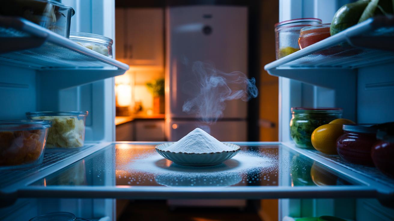 Illustration of a shallow dish of baking soda placed on a middle refrigerator shelf to absorb odours overnight