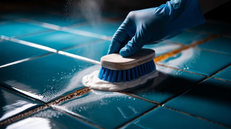 Illustration of baking soda paste being scrubbed into tile grout with a nylon brush, with fizzing bubbles lifting grime