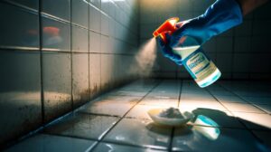 Illustration of a hand spraying a baking soda solution onto mildew-stained bathroom tiles and grout