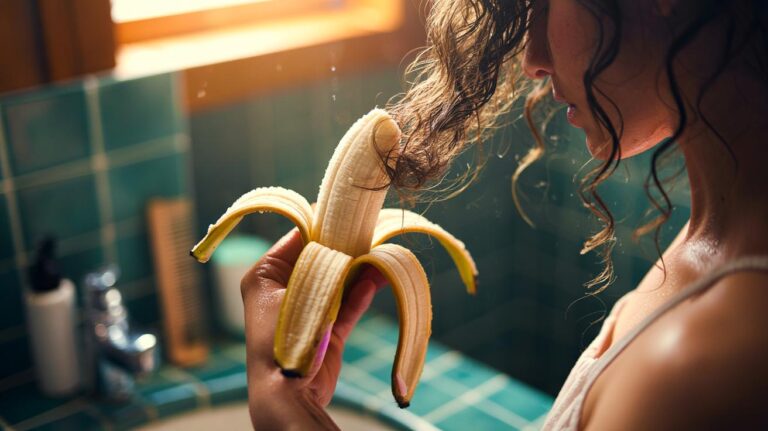 Illustration of a person gently using a banana peel to detangle hair, showing natural lubricants easing knots without tugging