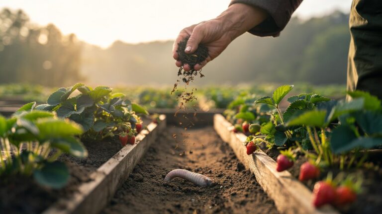 Illustration of used tea leaves being added as a thin mulch to garden soil to enrich nutrients with natural tannins over time