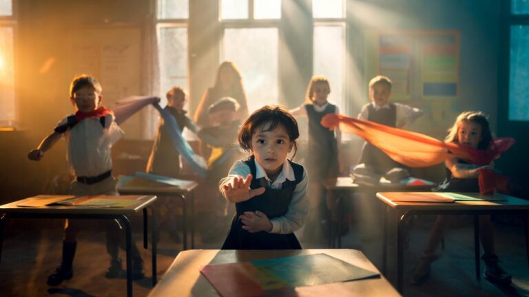 Illustration of children playing 'Simon Says' in a classroom, following instructions to build focus and creativity