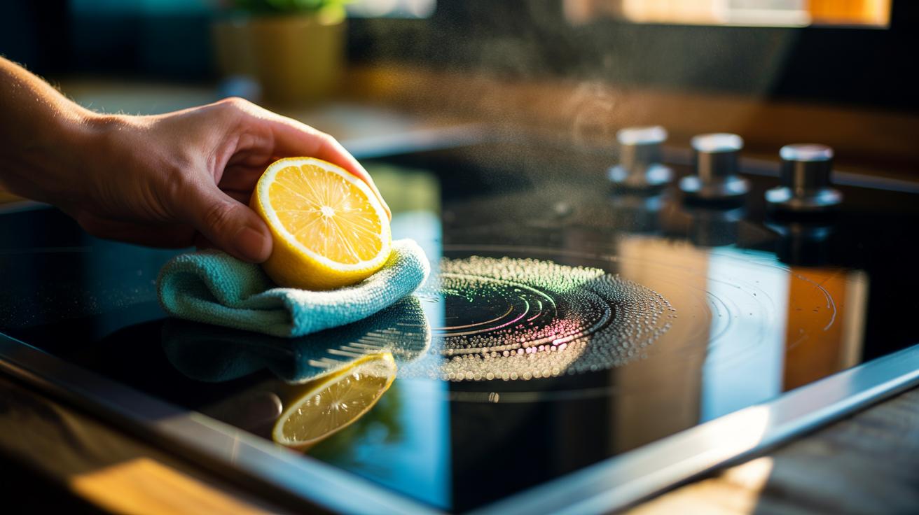 Illustration of a hand cleaning a cooled hob with a halved lemon and a microfibre cloth, citric acid and lemon oils dissolving grease to restore a natural glimmer