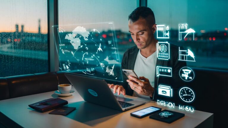 Illustration of a digital nomad using a travel planning app on a laptop and phone to organise multi-city routes, visas, budgets, and co-working spaces