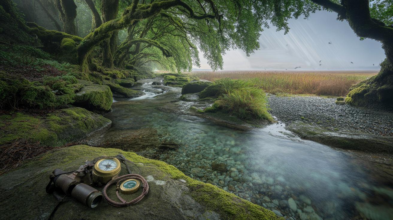 Illustration of geographers’ hidden nature escapes in Britain, featuring a mossy temperate rainforest ravine, a clear chalk stream, and quiet fens