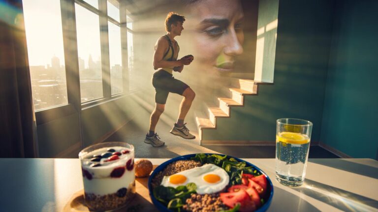 Illustration of a three-step routine to double energy without coffee or energy drinks—morning light and breathwork, micro-burst movement, and balanced nutrition and hydration