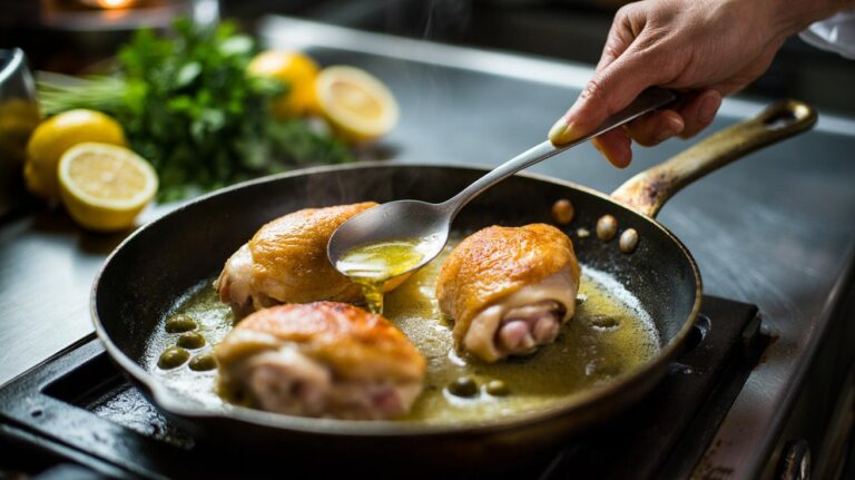 Illustration of a chef pan-searing chicken and finishing a lemon–caper butter sauce with parsley to create a five-ingredient gourmet meal