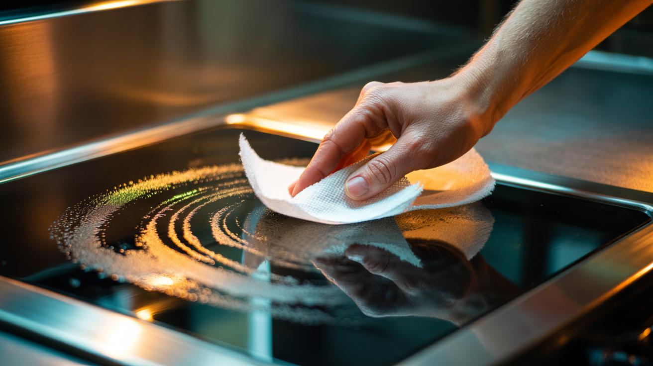 Illustration of a dryer sheet being spread across a greasy kitchen surface to lift oil stains using hidden fibers
