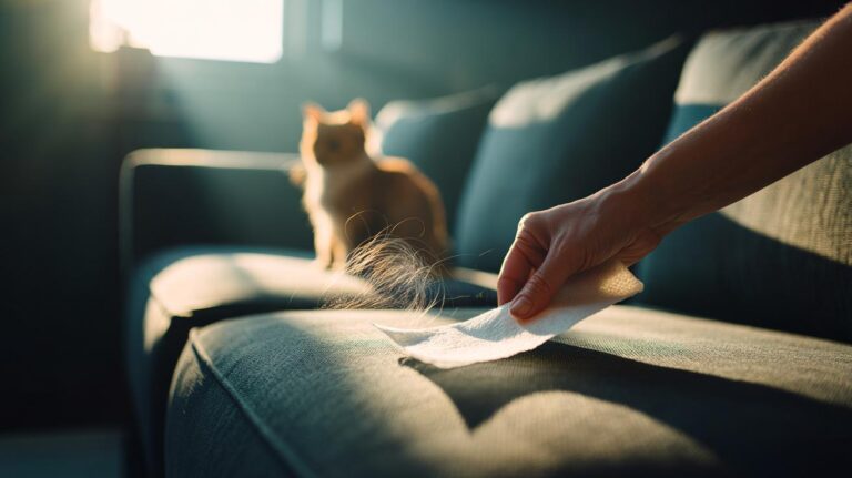 Illustration of a hand using a dryer sheet to lift pet hair from fabric via anti-static action