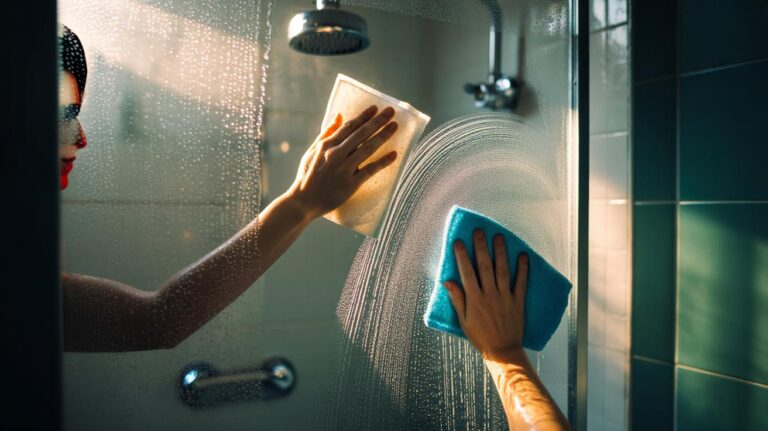 Illustration of hands using a dryer sheet and a microfiber cloth to remove soap scum from a glass shower door
