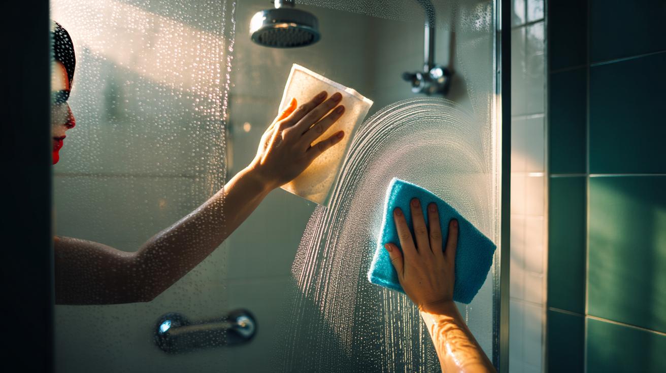 Illustration of hands using a dryer sheet and a microfiber cloth to remove soap scum from a glass shower door