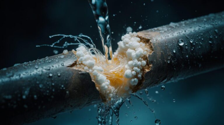 Illustration of finely milled eggshell calcium carbonate particles bridging a hairline crack to stop a small water leak