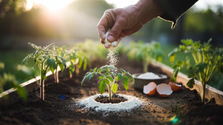 Illustration of finely ground eggshell powder being applied to garden soil around tomato seedlings to supply calcium for stronger roots and healthier growth over time