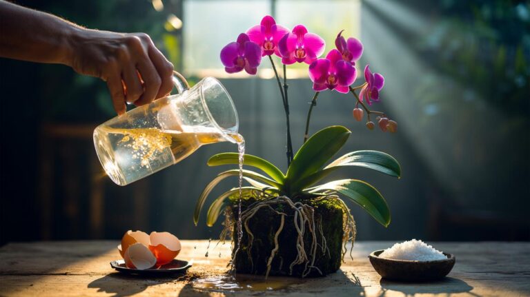 Illustration of an orchid being watered with a diluted eggshell rinse to support phosphate-driven bloom development