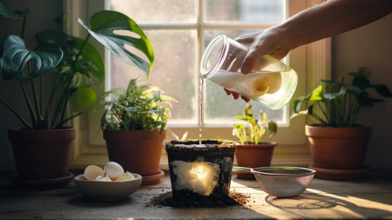Illustration of eggshell water being poured into the soil of potted houseplants, with natural calcium and trace nutrients feeding the roots for enhanced vitality