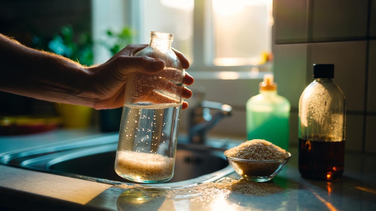 Illustration of a narrow glass bottle being cleaned by shaking uncooked rice with warm water and a drop of washing-up liquid to scrub the inside