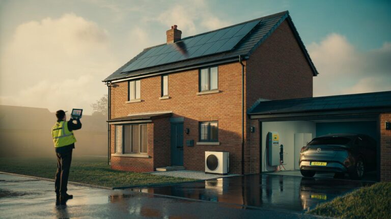 Illustration of a UK home retrofit combining insulation, airtightness, an air-source heat pump, and rooftop solar to cut bills and boost property value