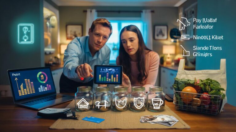 Illustration of a financial adviser helping a client set up automated savings and budget pots on a laptop