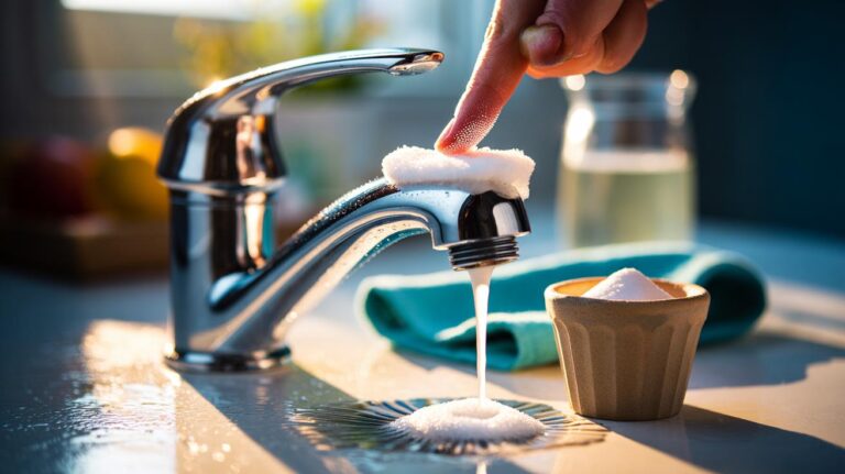 Illustration of bicarbonate of soda paste used as a mild abrasive on a chrome tap to remove limescale in seconds and restore a gleaming finish