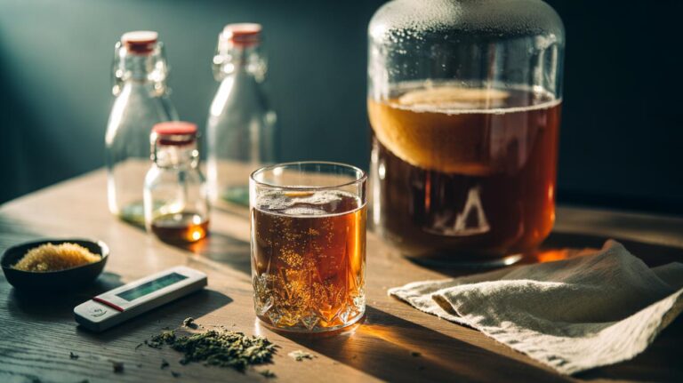 Illustration of a glass jar of kombucha with a visible SCOBY and a poured glass on a kitchen counter
