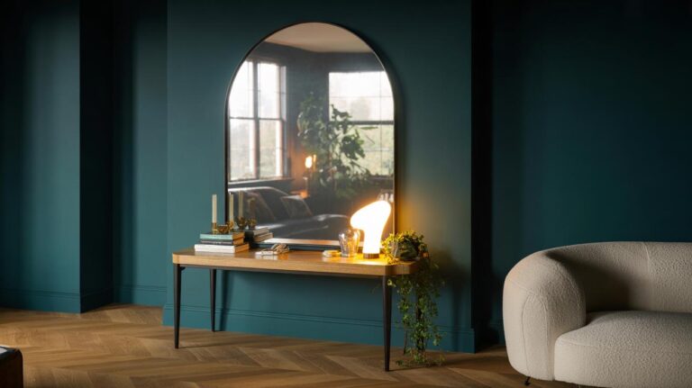 Illustration of a living room featuring a large statement mirror as the single accent that instantly upgrades the space