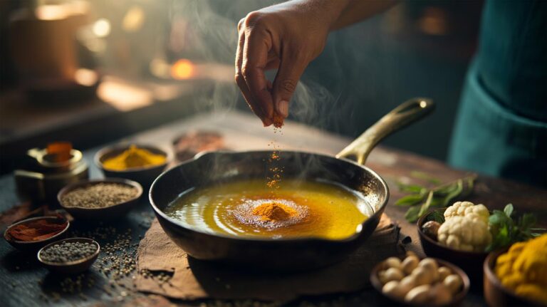 Illustration of asafoetida (hing) being bloomed in hot oil during tempering to add deep savoury flavour to everyday dishes