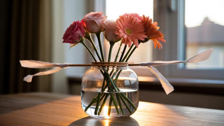 Illustration of a vase of cut flowers with a rubber band sling applying gentle upward tension to keep stems straight and increase stem fluid uptake