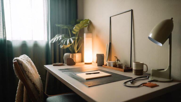 Illustration of a budget-friendly influencer home office setup with soft window lighting, a neutral backdrop, layered textures, and minimal, tidy desk styling