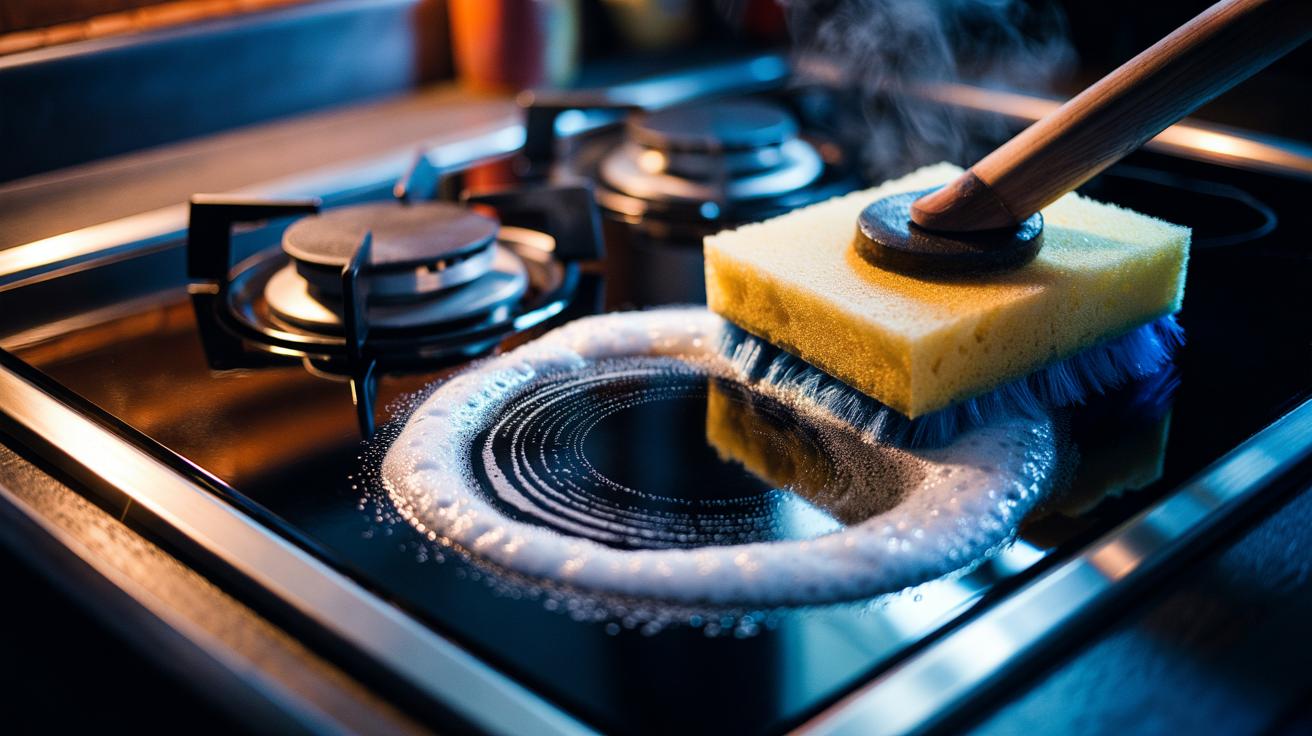 Illustration of a stovetop being scrubbed with a baking soda paste using a non-scratch sponge to lift stubborn spots and reveal instant shine.