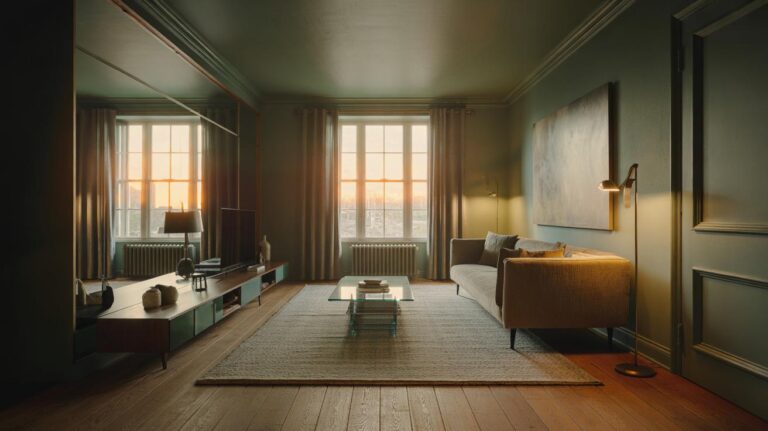 Illustration of interior design techniques—mirrors, colour drenching, low-contrast palettes, and layered lighting—used to make a small room appear larger