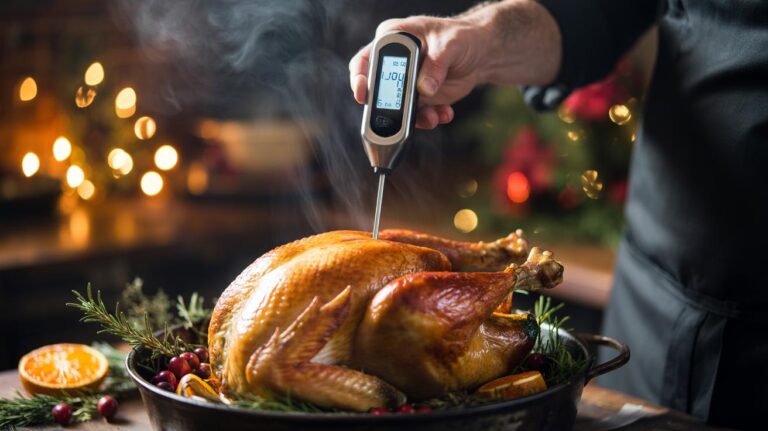 Illustration of an instant-read digital thermometer measuring the core temperature of a holiday roast turkey