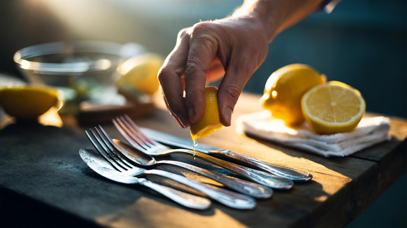 Illustration of lemon peel polishing tarnished silver cutlery to a bright, clean shine