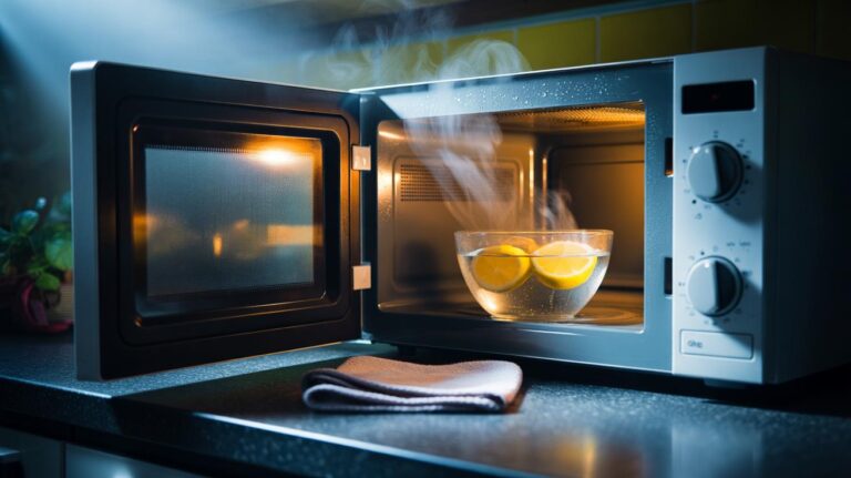 Illustration of a microwave interior with a steaming bowl of water and lemon halves left overnight to loosen grime for an easy morning wipe-down