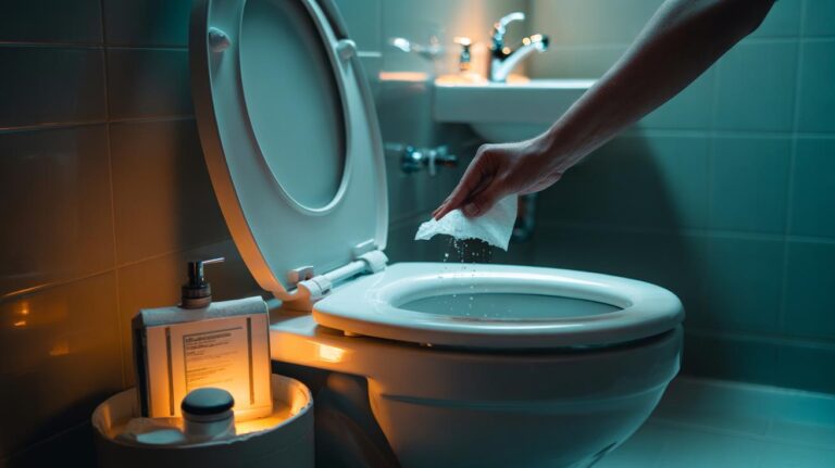 Illustration of a person closing a toilet lid before flushing and wiping taps and the flush handle with a disinfectant wipe, with a lidded bin nearby