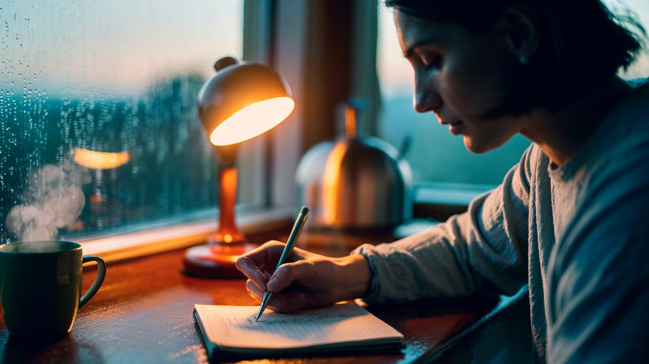 Illustration of a person writing a 10-word journal note to reduce stress levels