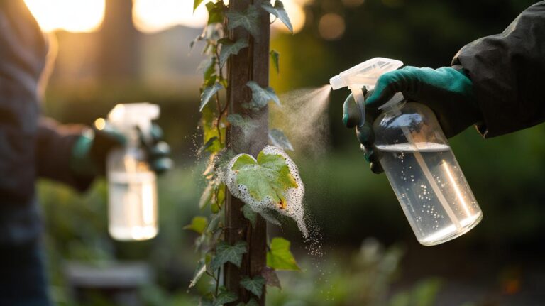 Illustration of a gardener applying a mild baking soda spray to garden vines, with visible fizz lifting dirt and mould from leaves and stems