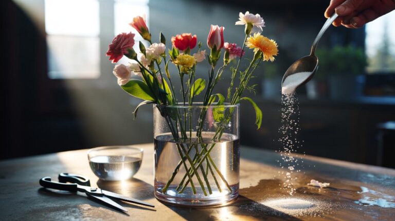 Illustration of reviving wilting cut flowers using a warm glucose solution in the vase