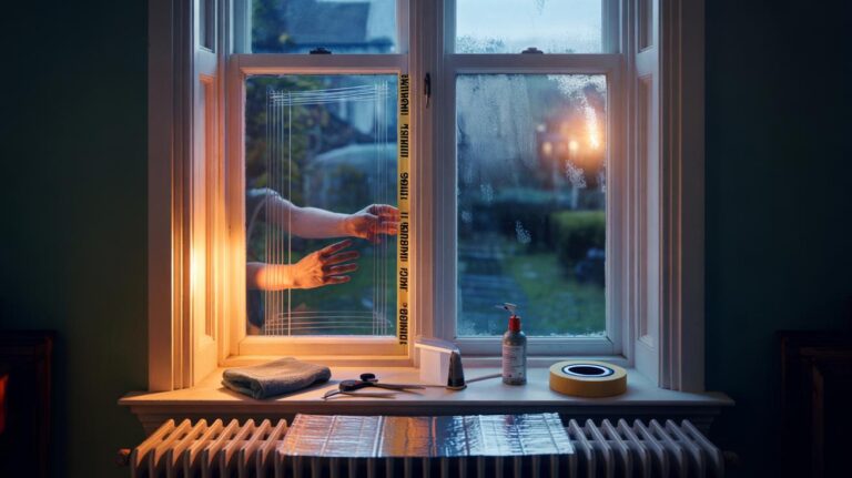 Illustration of a DIY acrylic secondary glazing panel being fitted to a draughty window with magnetic tape to create an insulating air gap