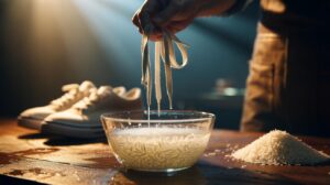 Illustration of shoelaces being soaked in starchy rice water to reinforce fibres and prevent fraying
