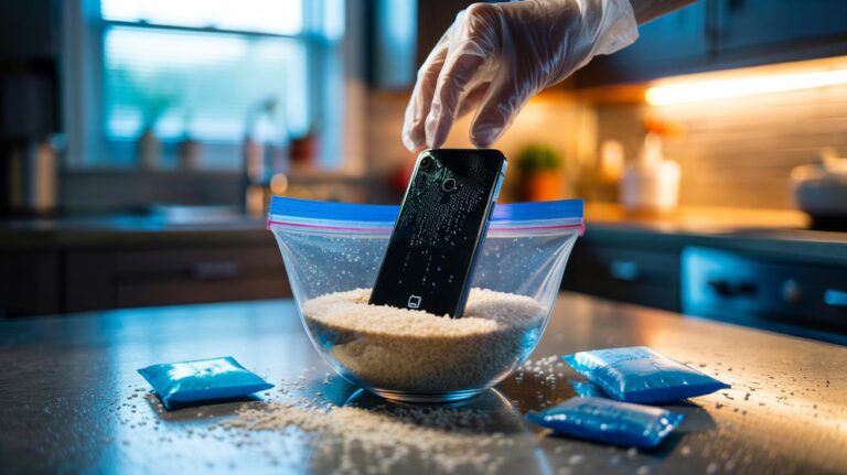 Illustration of a water-damaged smartphone buried in a bowl of dry rice with silica gel packets nearby for faster moisture absorption