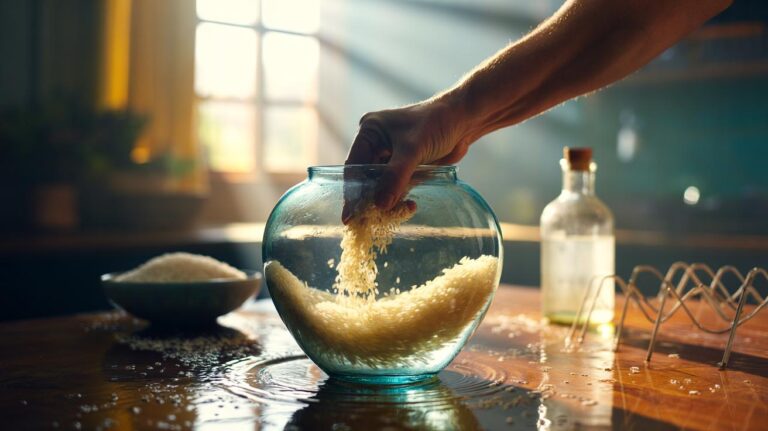 Illustration of a hand swirling uncooked rice, warm water, and a splash of vinegar inside a cloudy glass vase to scrub away limescale and biofilm