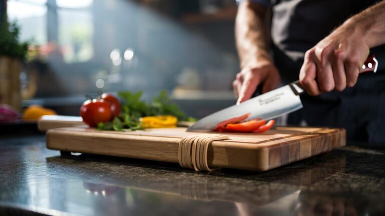 Illustration of a kitchen cutting board with a rubber band looped around its edge to prevent slipping on the countertop