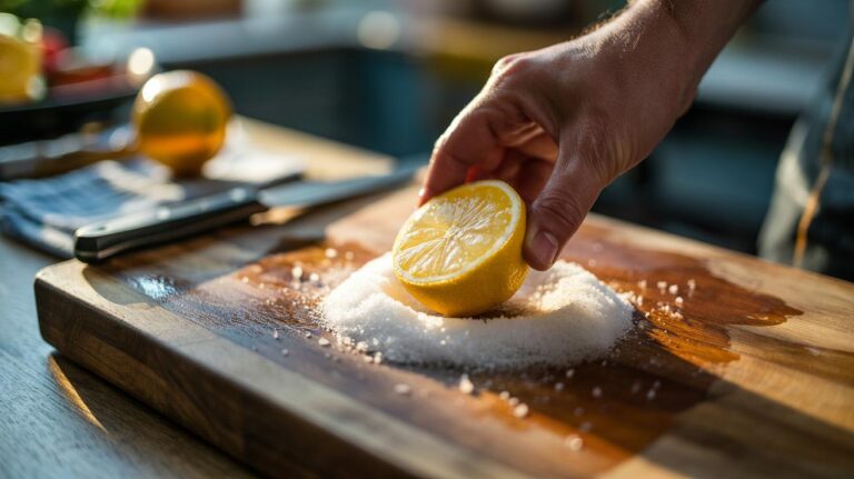 Illustration of coarse salt being scrubbed onto a wooden chopping board to clean and deodorize it quickly