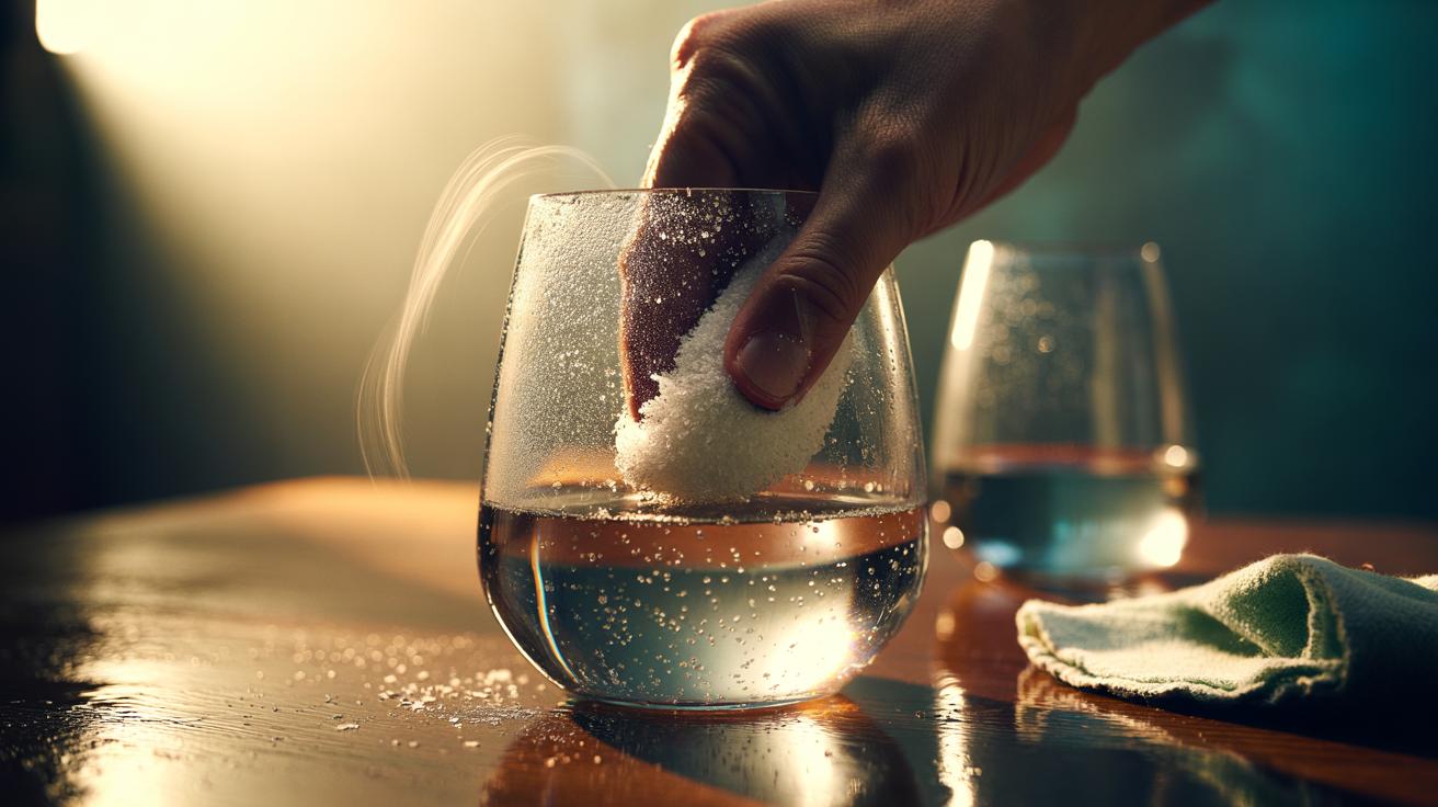 Illustration of coarse salt being rubbed inside a cloudy wine glass to erase haze, demonstrating the granular texture that restores clarity without delay